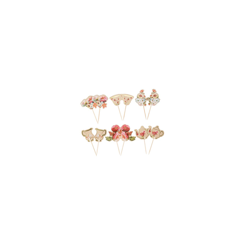 Lot de 12 pics motif floral rose et or - Haut. 8cm