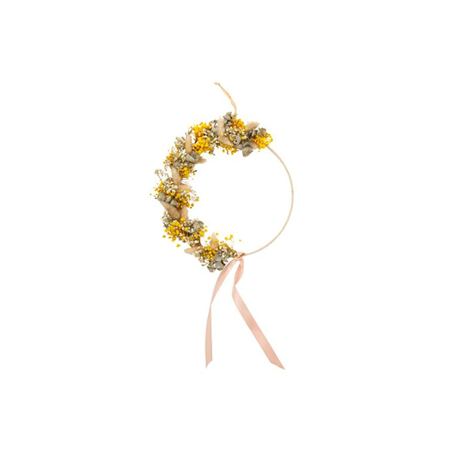Couronne de fleurs séchées jaunes et ruban - Haut. 30cm