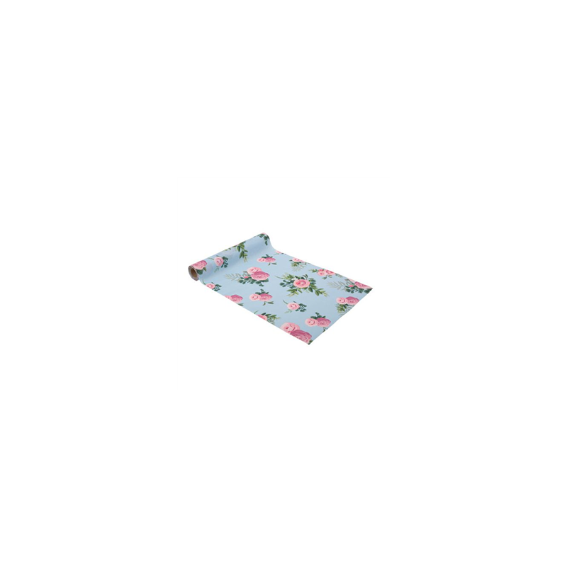 Chemin de table tissu fleuri bleu et rose 28cm x 5m