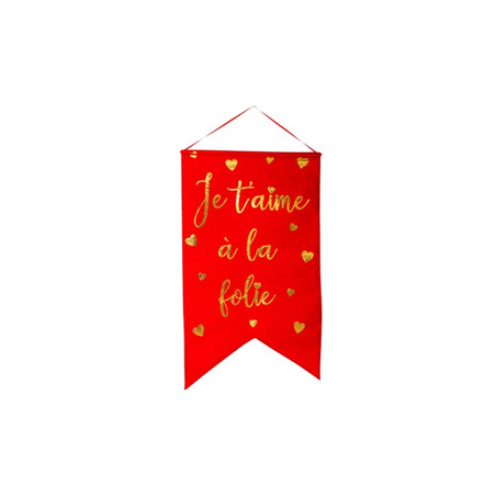 Suspension Je t'aime à la folie en lin rouge et or - 51.5 x 87cm