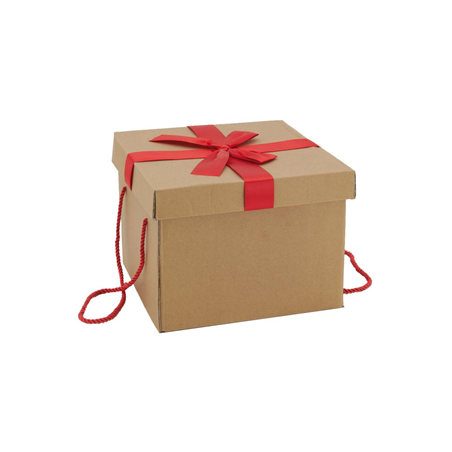 Boite cadeau pliante en kraft et nœud rouge 26 x 26 x 19 cm