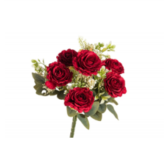 Bouquet de 6 Roses rouges avec feuillages - Haut. 43cm