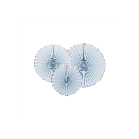 Lot de 3 éventails bleu pastel et or - carton 40-32-23cm