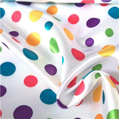 Tissu satin blanc à pois multicolores - Larg. 150cm (vendu au mètre)