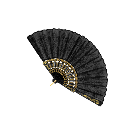 Éventail tissu dentelle noir et or - Diam. 25cm