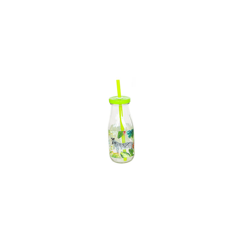 Bouteille savane en verre avec paille verte (2 modèles ass.) 19 cm (250 ml)