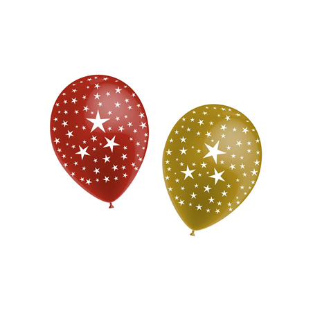Ballon motif étoiles 4x OR et 4x rouges - Diam. 30cm