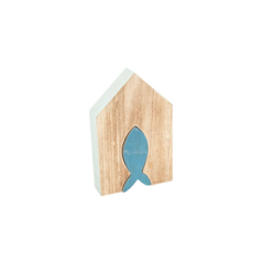 Maison en bois motif poisson bleu 15 x 9,5 x 2,5cm