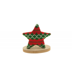 Étoile tricot Noël rouge et vert sur socle bois 7 X 11 X 12.5 cm