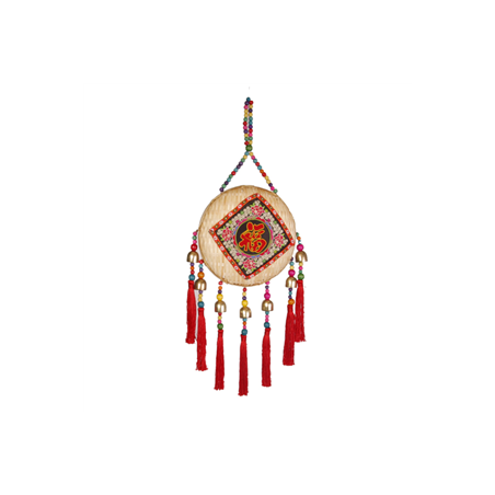 Suspension chinoise - bois, metal, tissu - hauteur 66cm diam 22cm