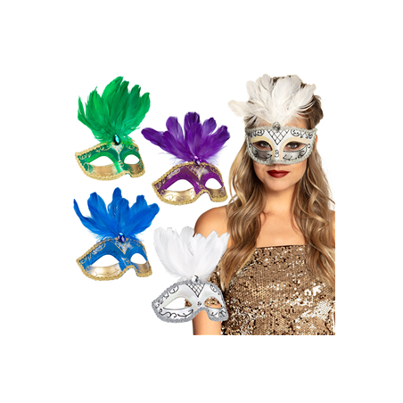 Masque Loup Venice plumes et polyester (couleur aléatoire) - haut 14cm larg 18cm