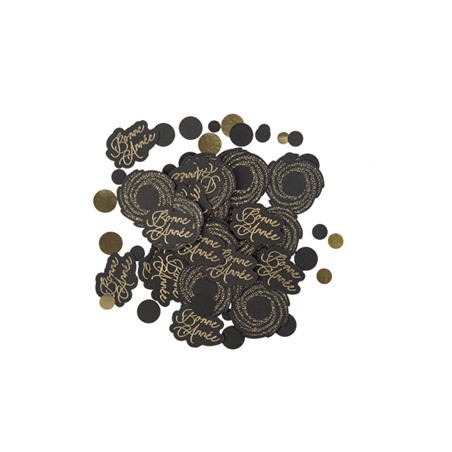 Lot de 100 confettis 'Bonne Année' noir et or 1 à 3,5cm