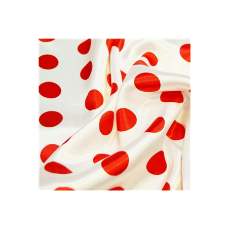 Tissu satin à pois rouge fond blanc - Larg. 150cm (vendu au mètre)