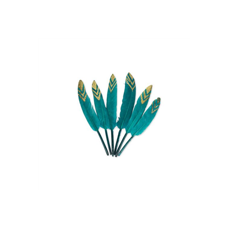 6 Plumes Éthnique Bleu Paon et Paillettes Or Env. 12/14cm