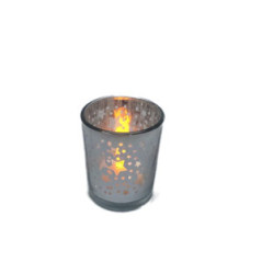 Photophore de NOEL laqué ARGENT - Motifs ETOILES - Verre - Diam 5cm - Haut 7,5cm