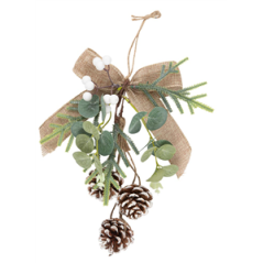 Déco à suspendre Nœud Jute Pomme de Pin Baies et Sapin, Naturel et Vert 24cm