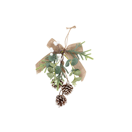 Déco à suspendre Nœud Jute Pomme de Pin Baies et Sapin, Naturel et Vert 24cm