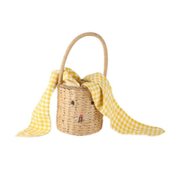 Panier Tressé Lapin Tissu Vichy et Pompon Jaune 15.5 x 34 cm