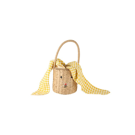 Panier Tressé Lapin Tissu Vichy et Pompon Jaune 15.5 x 34 cm
