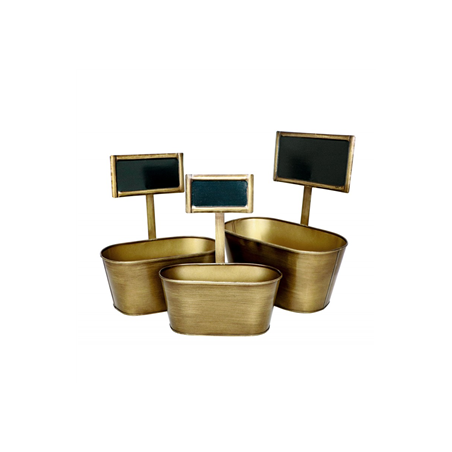 Lot de 3 pots en métal style laiton brun avec ardoises / GM 30 x 16 x 33 cm