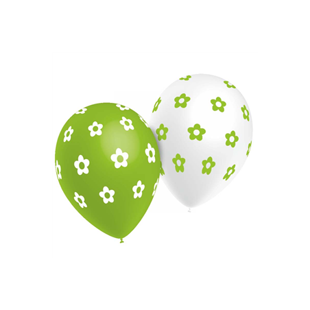 Ballons verts et blancs motif Fleurs x8 - Diam. 29cm