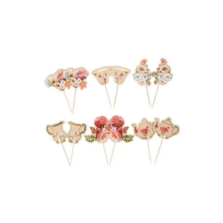 Lot de 12 pics motif floral rose et or - Haut. 8cm