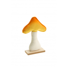 Champignon velours orange/jaune sur socle en bois 13,5 x 5 x 20cm