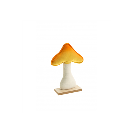 Champignon velours orange/jaune sur socle en bois 13,5 x 5 x 20cm