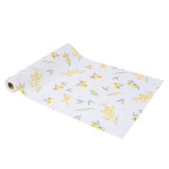 Chemin de table Mimosa tissu blanc citrons et feuillages 28cm x 5m