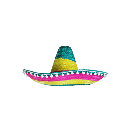 Sombrero avec pompoms - paille multicolore - Taille adulte - haut 20 cm diam 50