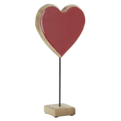 Cœur en manguier naturel laqué rouge sur socle 18 x 18 x 35 cm