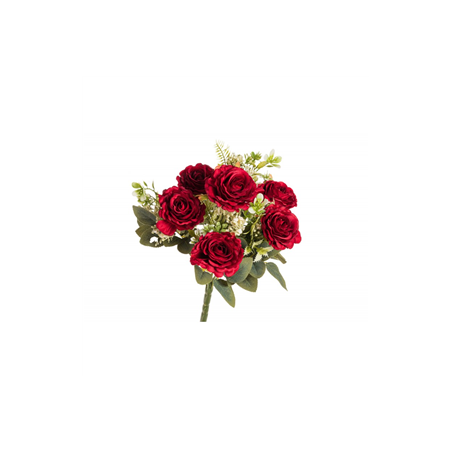 Bouquet de 6 Roses rouges avec feuillages - Haut. 43cm