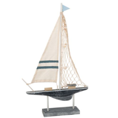 Voilier en bois blanc  et  bleu marine 48,5 x 16cm
