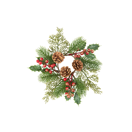 Couronne de Sapin, Houx, Pommes de Pin et Baies Rouge et Paillettes Or Ø25cm