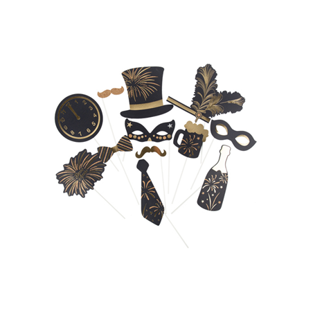 Kit 12 pièces photobooth 'Bonne année' noir et or - Haut. 7,5 à 22cm