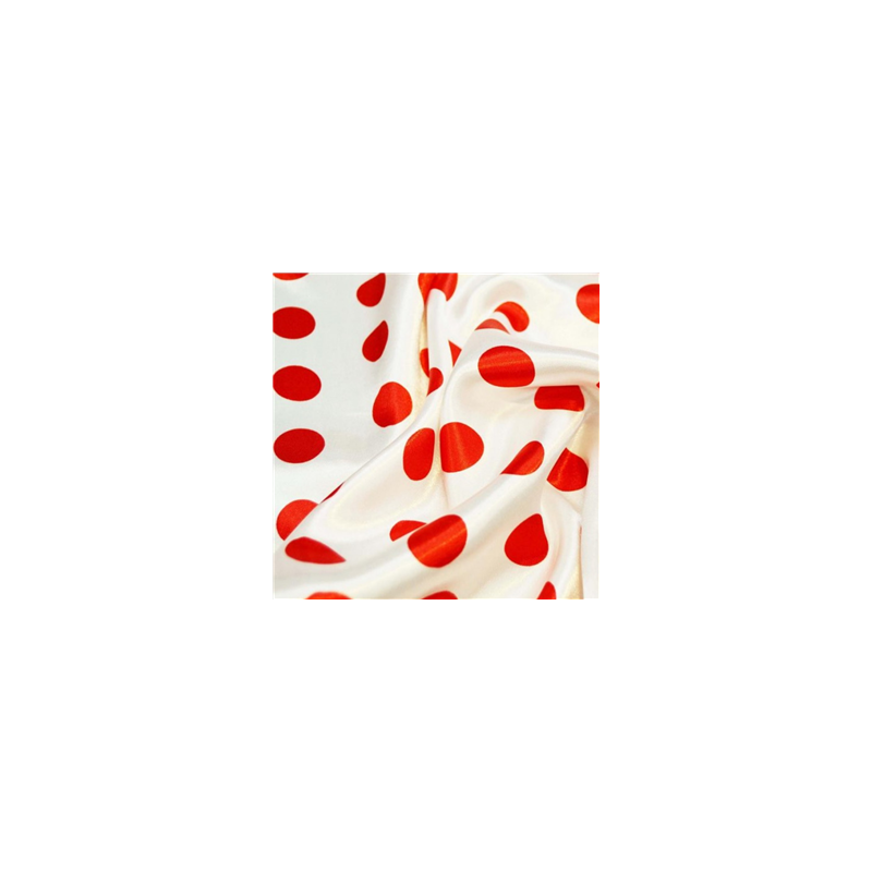Tissu satin à pois rouge fond blanc - Larg. 150cm (vendu au mètre)