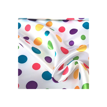 Tissu satin blanc à pois multicolores - Larg. 150cm (vendu au mètre)