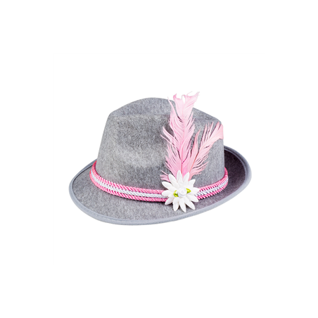 Chapeau tyrolien avec plume rose - Feutrine - hauteur 29 cm larg 24 cm