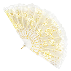 Éventail Flamenco espagnol en tissu blanc  et  or (25 cm)