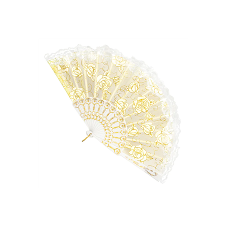 Éventail Flamenco espagnol en tissu blanc  et  or (25 cm)