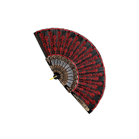 Eventail Flamenco en dentelle rouge et noir / Diam. 25 cm