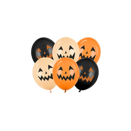 Lot de 6 Ballons Citrouilles Halloween orange et noir - Diam. 30 cm