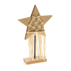 Etoile en bois naturel  et  macramé sur socle 15 x 5 x 25 cm