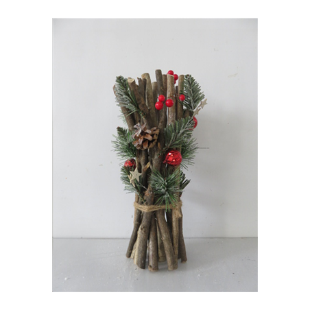 Bottillon de sapin avec bois et pommes de pin - H35cm