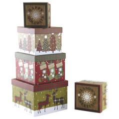 Lot de 5 Boites de Noël carrées en carton - De 13 x 13 x 11 à 23 x 23 x 16,5 cm