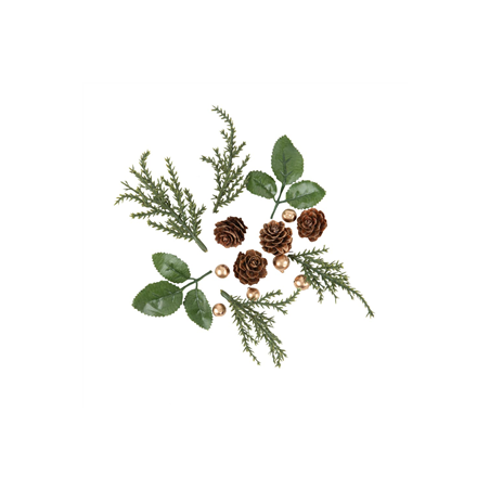 Assortiment de Sapin Feuillages Baies et Pomme de Pin Vert et Or De 1 à 9cm- 16p