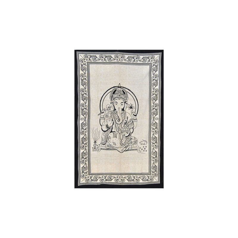 Tenture Badal Ganesh noire et blanche tissu  220 x 120 cm
