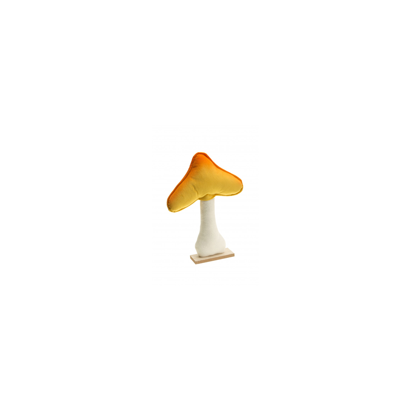 Champignon velours orange/jaune sur socle en bois 23 x 5 x 30cm