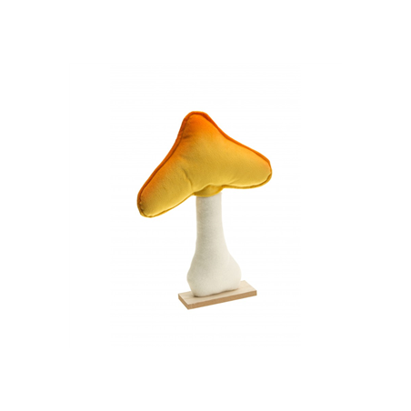Champignon velours orange/jaune sur socle en bois 23 x 5 x 30cm