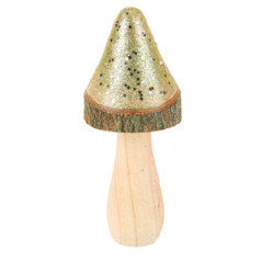 Champignon Pointu en bois écorce et paillettes Or 7,5 x 17cm